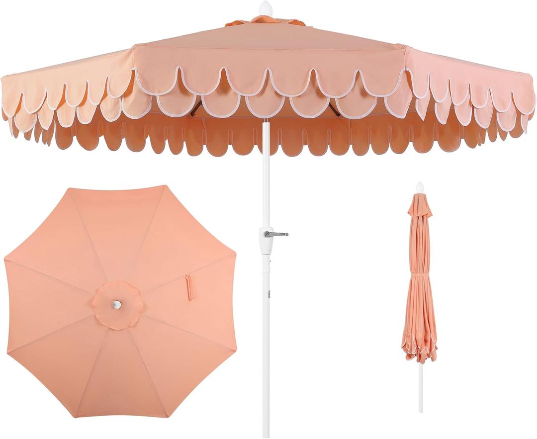 JONATHAN Y UMB1002H Tracy 9 ft. Classic MidCentury Scalloped Fringe Market Patio Umbrella with Auto-Tilt Crank, Wind Vent and UV Protection in Coral Pink/White, White Pole