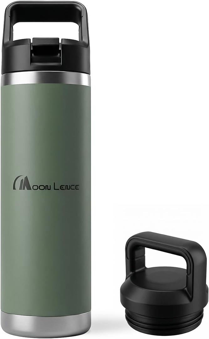 MOON LENCE Insulated Water Bottle,18 oz Sports Water Bottle with Straw, Stainless Steel Water Bottles with Changeable Lids for Camping, Hiking, Gym Green