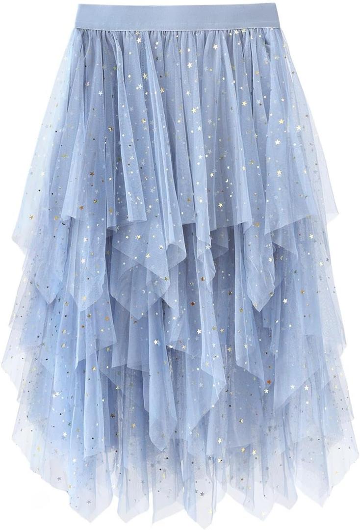 Tulle Skirts for Women Midi Long Fairy Skirt Tutu A-Line Mesh Layered High Elastic Waist Halloween Skirts (One Size, W-blue Sequin)