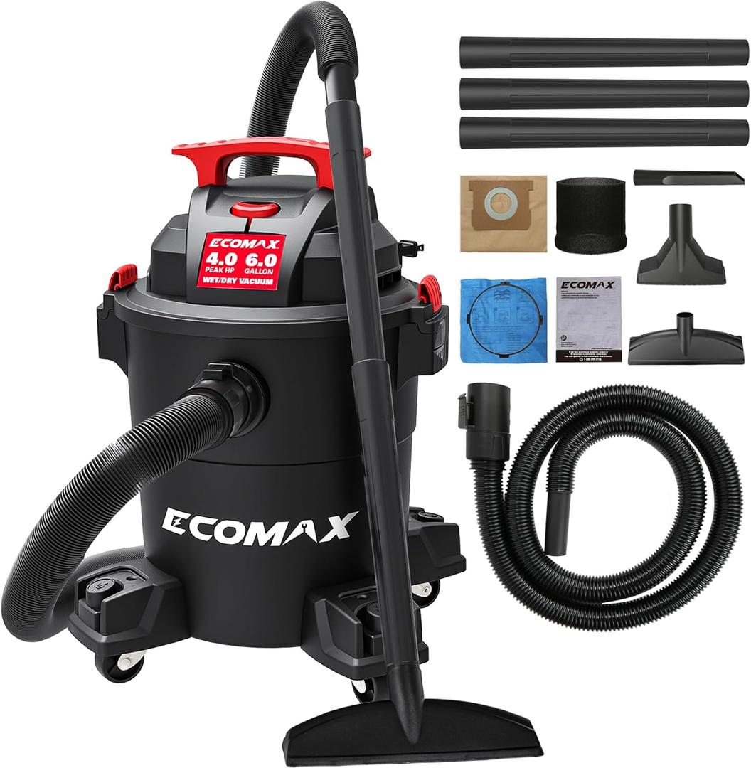 ECOMAX Wet Dry Vacuum 6 Gallon, 4 HP 85 CFM 3-in-1 Shop Vac with Suction/Blow/Wet Dry Function, Heavy-Duty Portable Poly Wet/Dry Vac Car Vacuum for Workshop, Jobsite, Garage and Home Cleaning