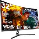 SANSUI 32-Inch Curved Gaming Monitor WQHD 2560 x 1440 180Hz Curved 1500R -Fast VA,1ms(OD), HDR, 300nits, sRGB 125%, DCI-P3 95%, FreeSync, HDMI x2, DP1.4x2(DP Cable Included) (Black)