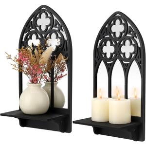 2 Set Gothic Candle Sconces Wall Decor, Arch Cathedral Frame Gothic Wall Sconce Candle Holder for Bedroom, Bathroom, Dining Room, Living Room, Black