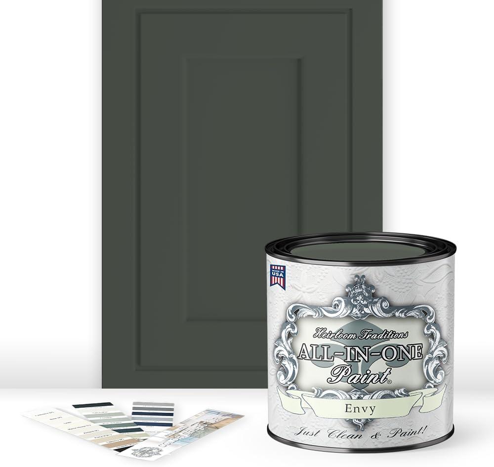 ALL-IN-ONE Paint, Durable cabinet and furniture paint. Built in primer and top coat, no sanding needed. Includes our 30 featured color card - Envy (slate green), Quart (32 Fl Oz (Pack of 1))