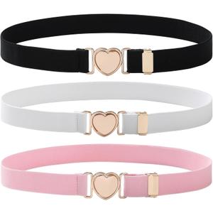 AWAYTR Kids Elastic Belt for Girls - Adjustable Toddler Heart Buckle Stretch Belts for Boys Girls (Fit Waist: 15"-27", C-black, white)