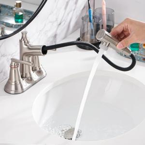 Bathroom Faucet with Pull Out Sprayer, 4 Inch Centerset 3 Hole Pull Out Bathroom Sink Faucet, with Pop Up Drain and Supply Hoses, Brushed Nickel