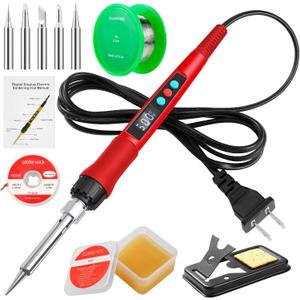 Soldering Iron Kit, 100W LED Digital Solder Gun kits with Ceramic Heater, Adjustable Temperature Welding Tools with Tips, Wick Braid, Stand, Solders Wire, Sponge, Flux Paste, Red