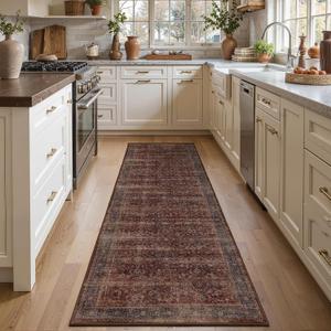 Brick Red 2x7 Hallway Runner Rug Non Slip, Vintage Farmhouse Dark Entryway Rugs for Inside House Mudroom, Ultra Thin Print Kitchen Runners Non Skid Washable, Carpet Runner for Bathroom Bedroom