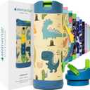 Elemental Iconic Kids Water Bottle with Straw Lid & Stress Reliever Pop It Handle, Leak-Proof When Closed, Triple Insulated Stainless Steel Reusable Thermos Water Bottle, 14oz - Dinosaur