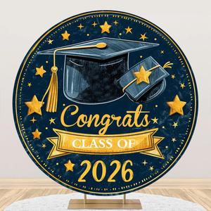 7.2ft Graduation Round Backdrop Cover Blue and Gold Class of 2026 Circle Backdrop for Photoshoot Congrats Grad Photography Background for Graduations Party Decorations Photo Props