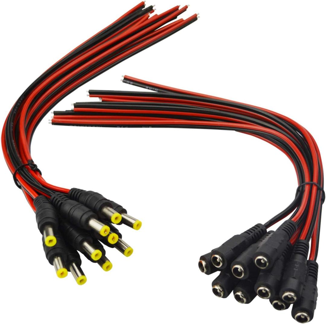 (Real 18AWG) 10 Pairs 12V 5A DC Power Pigtail Barrel Plug Connector Cable, 2.1mm x 5.5mm Male Female DC Pigtail Connectors for CCTV Security Camera and 12V Power Supply Adapter by MILAPEAK