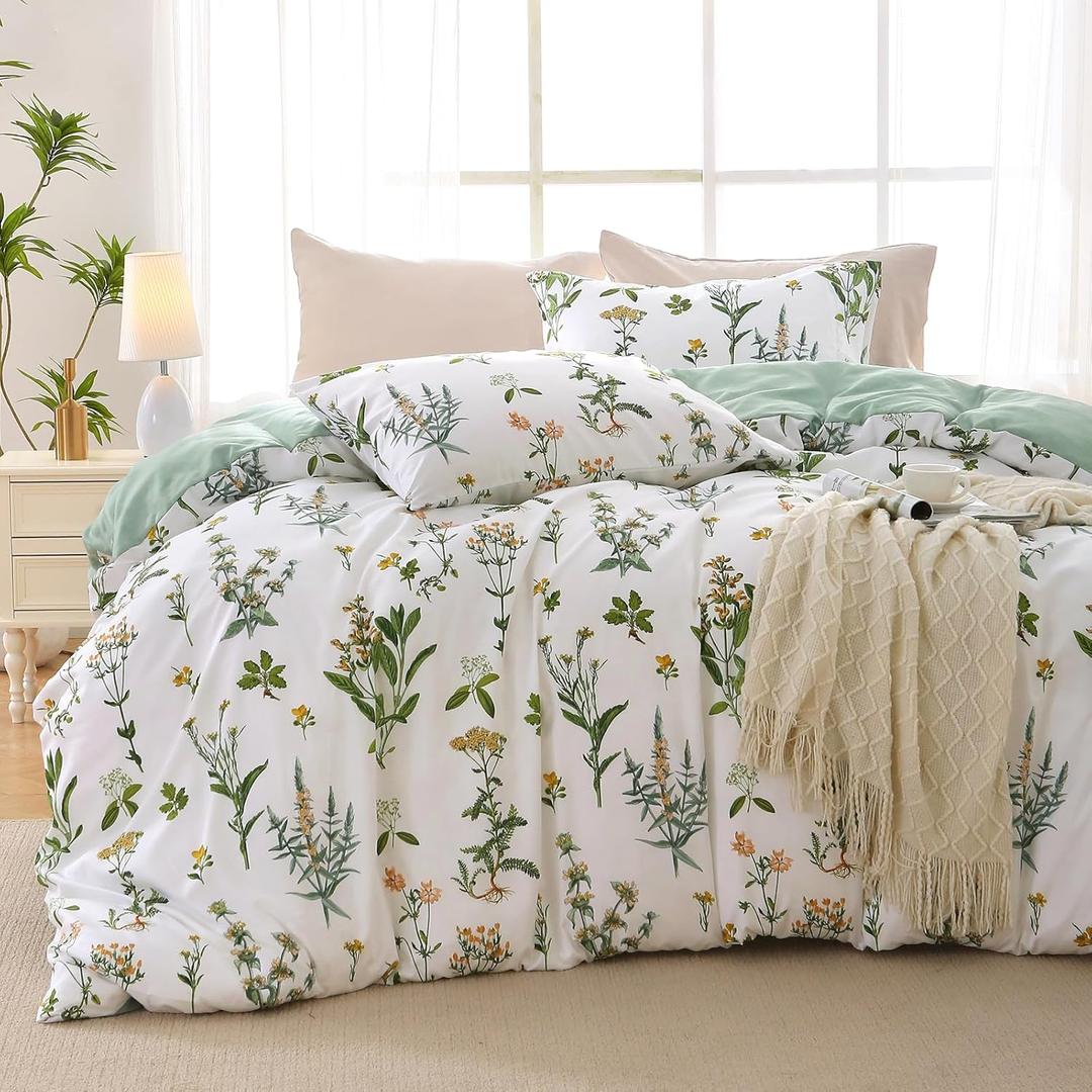MUXHOMO Duvet Cover Full Size, Reversible Floral Green Duvet Cover Set with Zipper Closure, 3 Pieces Botanical Patterns Soft Microfiber Bedding Set with 4 Ties (80"x90", 2 Pillow Cases) (04 - Green Flower (No Comforter))