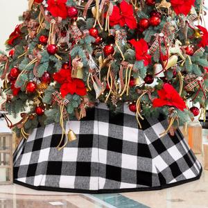 Christmas Tree Collar Velvet Folable Black White Buffalo Plaid Christmas Tree Ring Tree Skirt for Christmas Holiday Tree Decoration