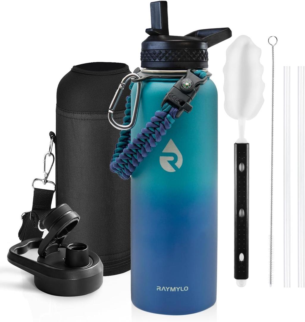 RAYMYLO Insulated Water Bottle 40 oz, Triple Wall Vacuum Stainless Steel (Cold for 36Hrs, Hot for 18Hrs), Leak Proof & Non-BPA, Modern Water Flask Jug with Paracord Handle & Straw Spout Lids (Cyan Blue)