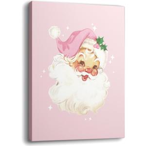 JWVK Prints Pink Vintage Preppy Trendy Christmas Santa Framed Wall Art Canvas Decor Decorations, Pink Christmas Signs Sign, 11x14