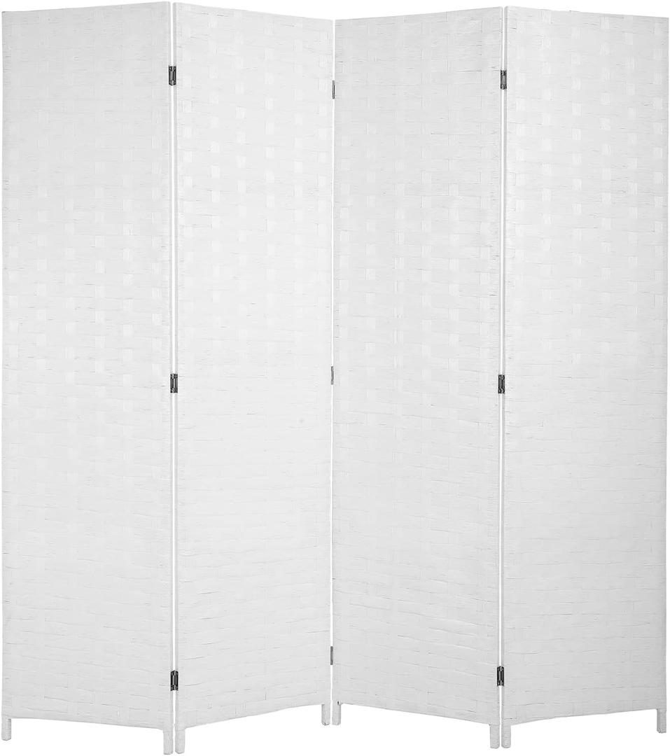 Room Divider Wood Screen Wood Mesh Woven Design Room Divider Folding Portable Partition Screen for Home Office (4 Panel, White)