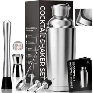 YARRAMATE 8Pcs 24oz Hybrid Vacuum Insulated Cocktail Shaker Set with Strainer, Premium Double Wall Stainless Steel Martini Shaker for Home Bar Bartending with Leakproof Seal, 25 Recipes | Gift Set