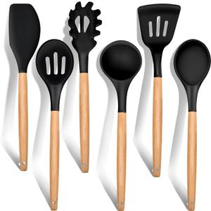 E-far Cooking Utensils Set of 6, Silicone Kitchen Utensils with Wooden Handle, Non-stick Cookware Friendly & Heat Resistant, Includes Spatula/Ladle/Slotted Turner/Serving Spoon/Spaghetti Server(Black)