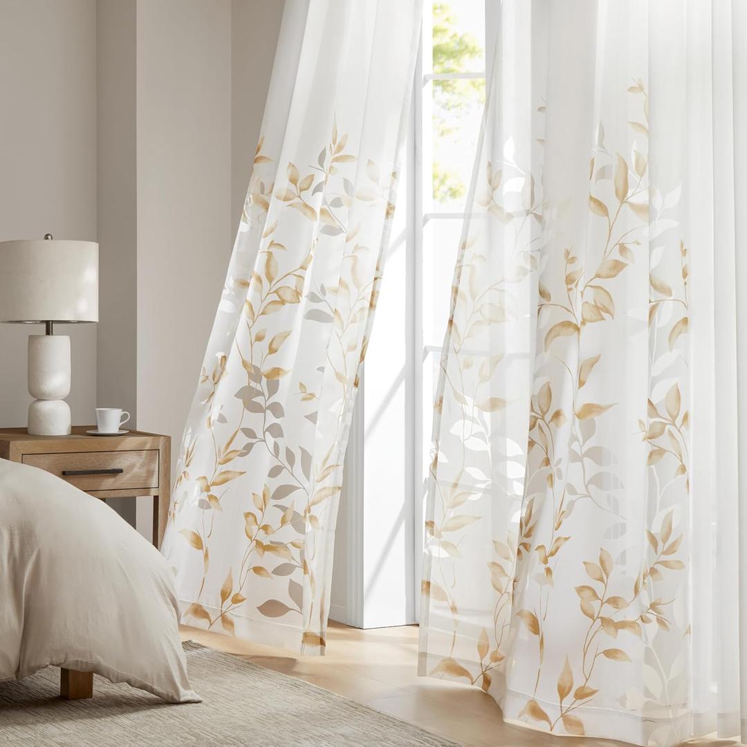 Madison Park Cecily Semi Sheer SINGLE Panel Window Curtain Burnout Botanical Print, Easy To Hang, Fits up to 1.25" Diameter Rod, 50" x 95", Leaves Yellow
