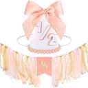 1/2 Birthday Hat Half Way to One Banner Birthday Decorations 6 Months Decorations Cone Hat for Girls Boys 1/2 Hat High Chair Banner Baby Shower (Blush Pink)