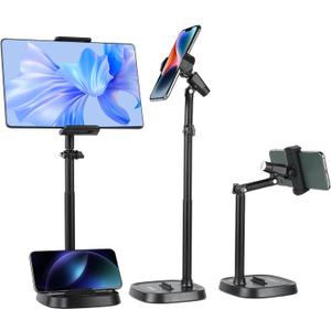 UTEBIT Adjustable Phone Stand for Desk, 11.8''-17.7''Height Adjustable Phone Holder for Desk Recording, Retractable Cell Phone Tablet Stand Holder for 5.5''-9.5''Screen iPhone 17 16 15 Pro Max Android (Black)
