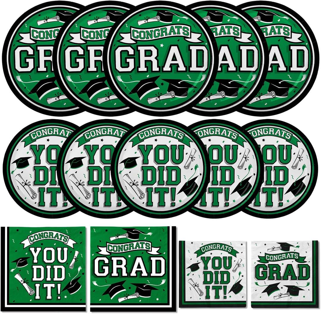 Gatherfun Graduation Party Supplies Dinnerware Set green Disposable dinner paper plates dessert paper plates and Napkins for Congrats Grad Party Decorations, Serve 50