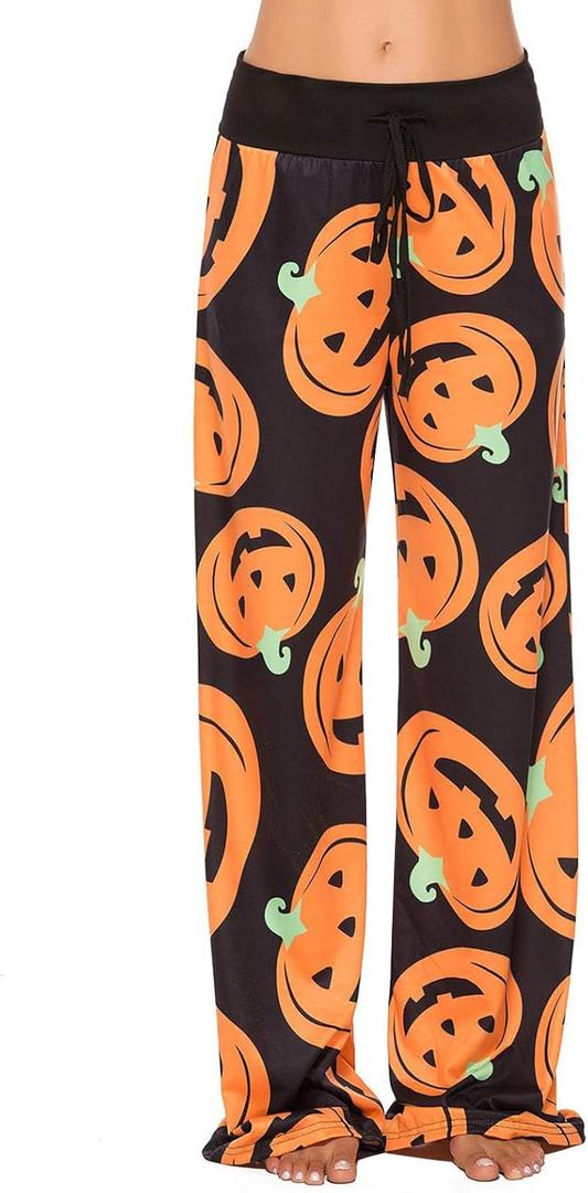 Women Halloween Pajamas Pants Cute Pumpkin Skull Ghost Print PJs Bottoms Causal Soft Long Lounge Pants Sleepwear (Large)