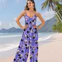 YESNO Casual Wide Leg Jumpsuits for Women Boho Floral Pleated Wide Leg Overalls Rompers Vacation Outfits with Pockets PIA (Purple, XL)
