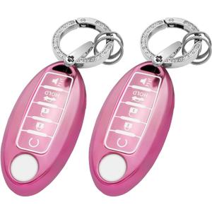 Koongloong 2 Pack Key Fob Cover for Nissan 5 Button Pink Car Keys Case Altima Rogue Sentra Pathfinder Maxima Murano Versa Armada Accessories Bling Keychain TPU Women Girly
