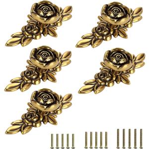 JUXYES Pack of 5 Euro Rose Decorative Cabinet Knobs with Plate, Floral Ivory Drawer Knob Cupboard Door Knobs, Ivory White Drawer Pulls Cabinet Handle Knobs for Dresser Cabinet (Small, Golden Bronze)