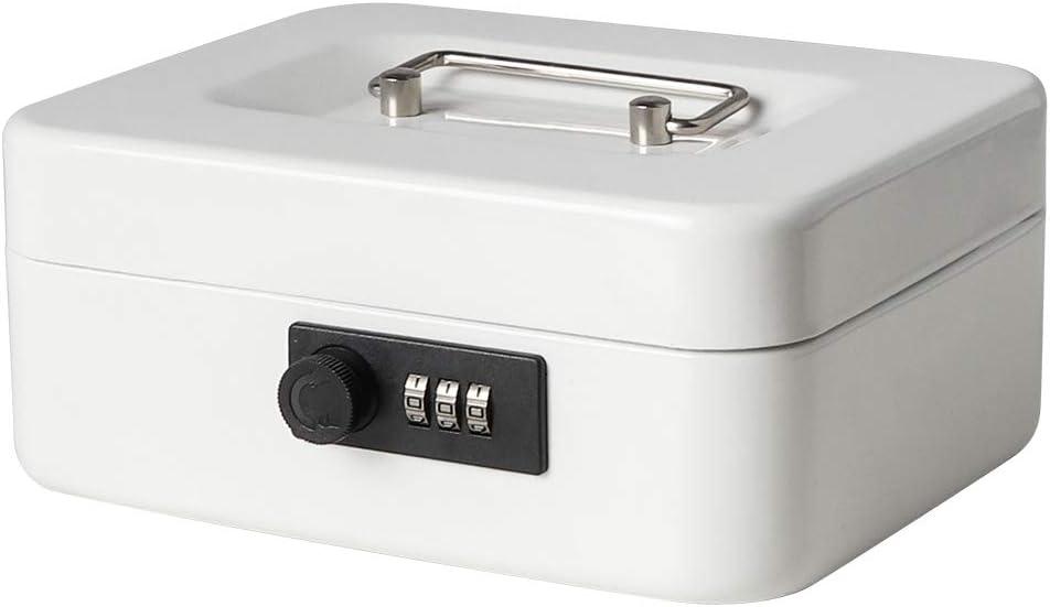 Jssmst Medium Cash Box with Combination Lock - Durable Metal Cash Box with Money Tray White,7.87 x 6.3 x 3.35 inches, SM-CB07005M