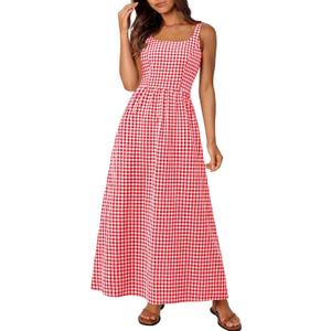 PRETTYGARDEN Women's 2026 Summer Spaghetti Strap Maxi Dresses Plaid Square Neck A Line Casual Beach Vacation Long Sundress (Red, Size Small)