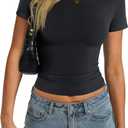 Womens Cotton Boat Neck Short Sleeve Shirts Summer Crop Tops Basic Going Out Tee Fashion Y2K Outfits 2025 (XX-Large, True Black)