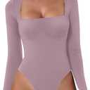 QINSEN Purple Bodysuit for Women Thong Sexy Square Neck Long Sleeve Shirt Tops XS