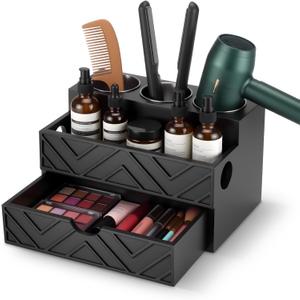 Hair Tool Organizer with Drawer, Hair and Makeup Bathroom Vanity Organizers and Storage Fits Blow Dryer, Curling Iron, Makeup Brushes, Skincare, Hot Tools Organizer for Tidy Counter(Black)