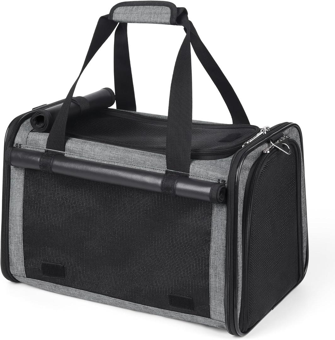 YUDODO 25 lbs Lightproof Soft Sided Pet Carrier for Large Cat & Small Dog Airline Approved Travel Puppy Carrier with Side Pockets & Reflective Mesh, Foldable Portable for Outdoor Car Grey Green (17.5"L x 11.0"W x 11.0"H)