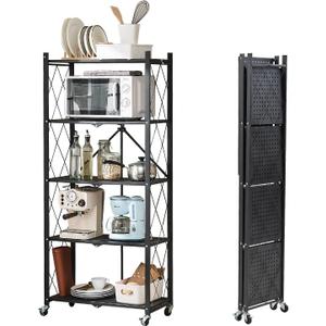 BRIAN & DANY 5-Tier Foldable Storage Shelves with Wheels, Folding Metal Rack Shelving Unit, Heavy Duty No Assembly Organizer Shelf for Garage, Kitchen, Basement, Pantry, Black, 13.1"D x 25.6"W x 59.1"H