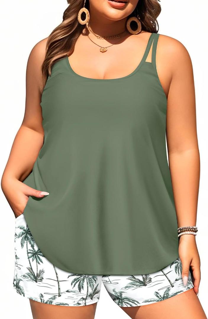 Plus Size Tankini Swimsuits - Women Two Piece Tankini Top with Shorts Flowy Swimsuit 2025 Bathing Suits (Green Palm Tree, 22Plus)