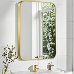 Matte Gold Mirror, 30x36 Inch Brushed Gold Mirror, Aluminum Alloy Framed Vanity Mirror, Rounded Rectangle Bathroom Mirror for Over Sink, Anti-Rust Wall Mirror (Horizontally or Vertically)