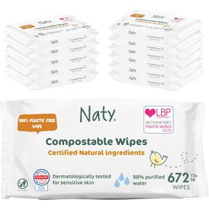 Naty Baby Wipes | 98% Water, Hypoallergenic & Natural for Sensitive Skin | Unscented, Plant-Based, Fragrance-Free | Plastic-Free & Compostable | Newborn & Toddler Diaper Wipes | 672 Count (12 Packs)