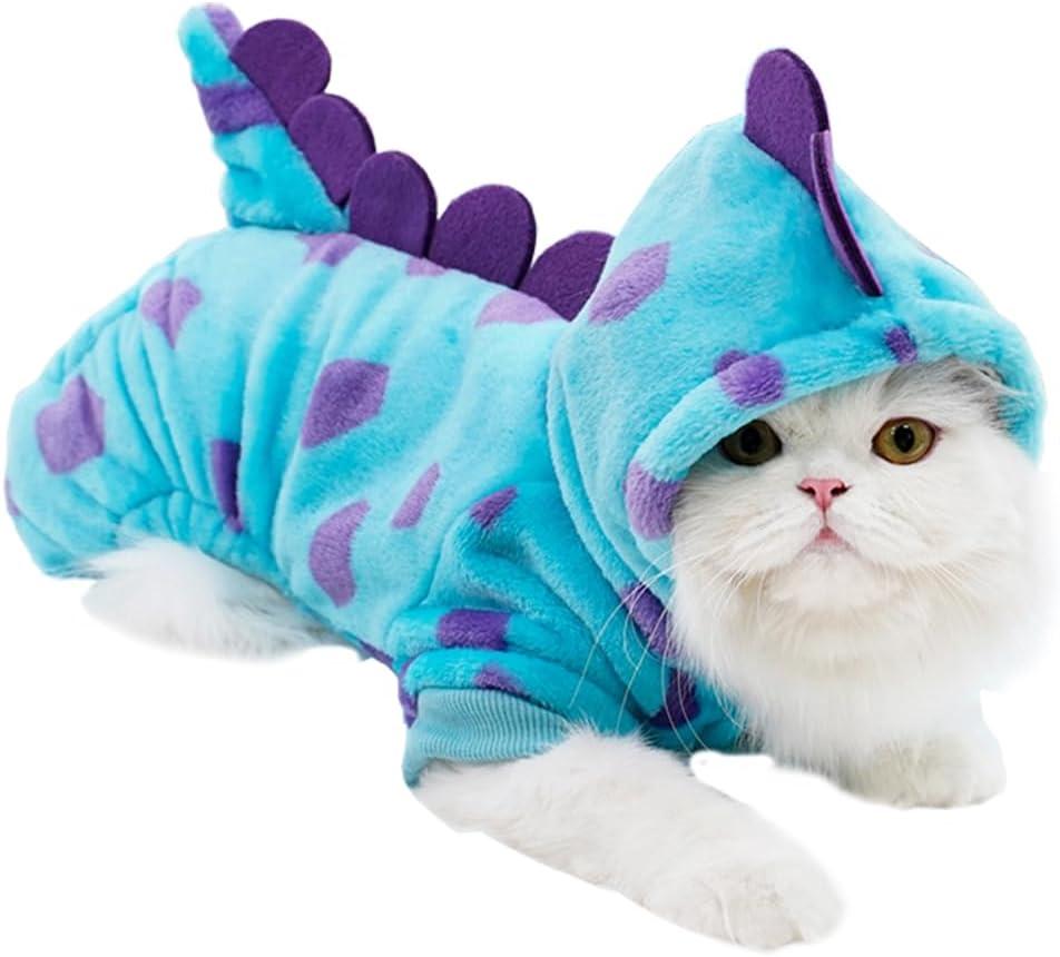Dinosaur Dog Clothes for Small pet Girl Boy,Fleece Winter Puppy Hoodies with Leash Ring,Cold Weather Coat for Cat,Funny Dog Dinosaur Costume for Christmas Halloween. (Blue, Medium)