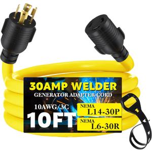 Tellegloww NEMA L14-30P to L6-30R Generator to Welder Adapter 10FT, 30 Amp 4 Prong Male to 3 Prong Female Adapter Generator Welder EV Charger Power Cord, 10 AWG STW, ETL Listed