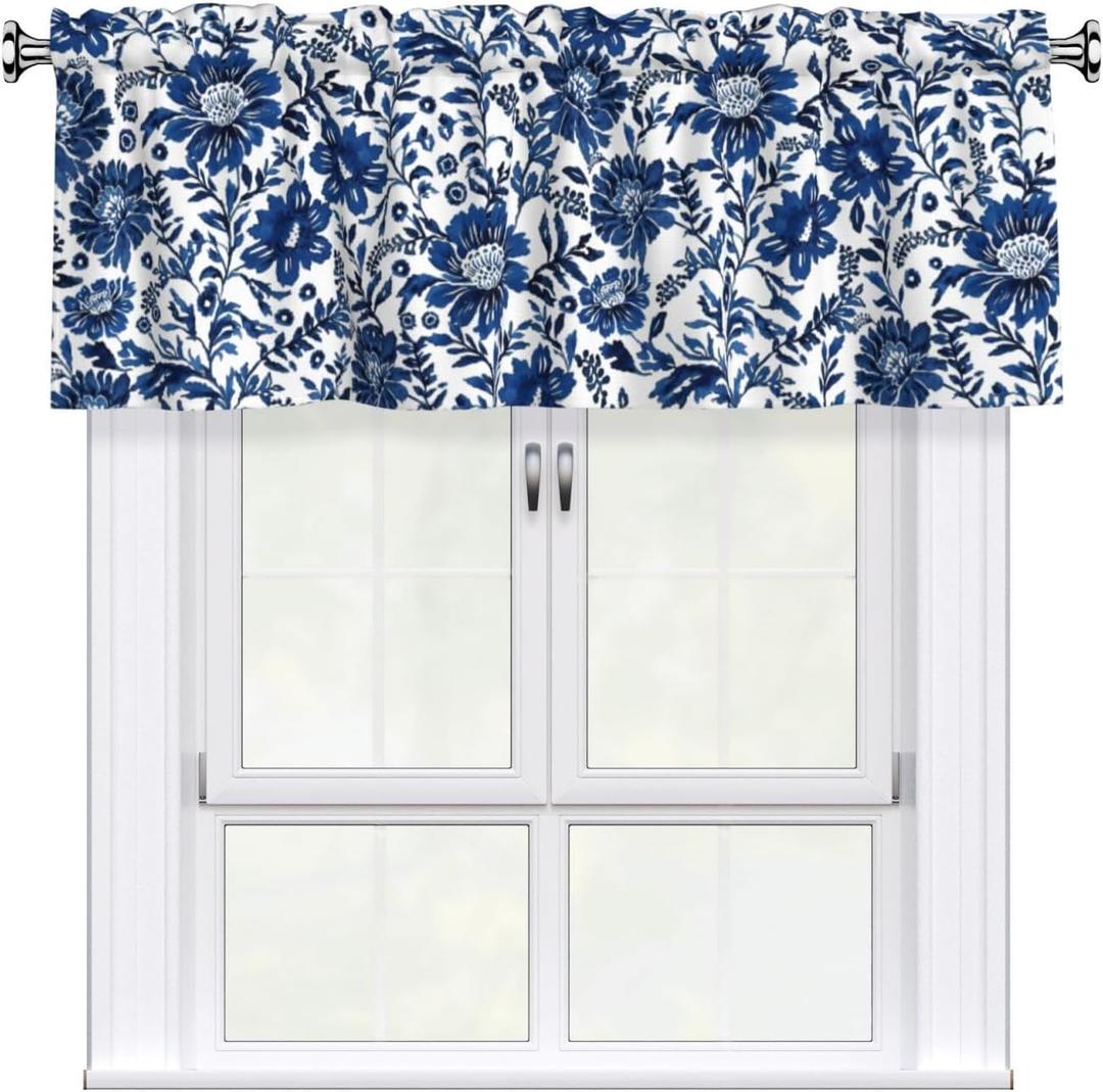 Miaoquhe Navy Elegant Floral Kitchen Window Curtain 54"x18", Blue White Vintage Chinoiserie Flower Valance Farmhouse Window Treatment Rod Pocket Valances for Bedroom Bathroom Decor