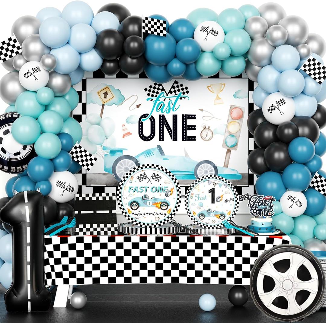 Fast One Birthday Decorations for Boys, 1st Birthday Decorations Boy, Retro Race Car Themed Backdrop Banner Tablecloth Tableware with Plates Napkins Forks for Vintage Blue First Party Supplies