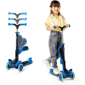 Kids Scooter  Foldable Seat  LED Wheel Lights Illuminate When Rolling  Children and Toddler 3 Wheel Kick Scooter  Adjustable Handlebar  Indoor and Outdoor- by Lifemaster (Blue)