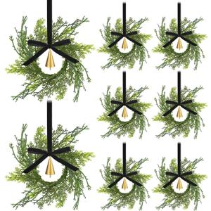 12 Sets Mini Christmas Wreath for Cabinets 7.87 Inch Artificial Cypress Cedar Wreath with Vintage Cow Bells Ribbon for Xmas DIY Craft Kitchen Chair Window Fireplace Wall Decor(Black)