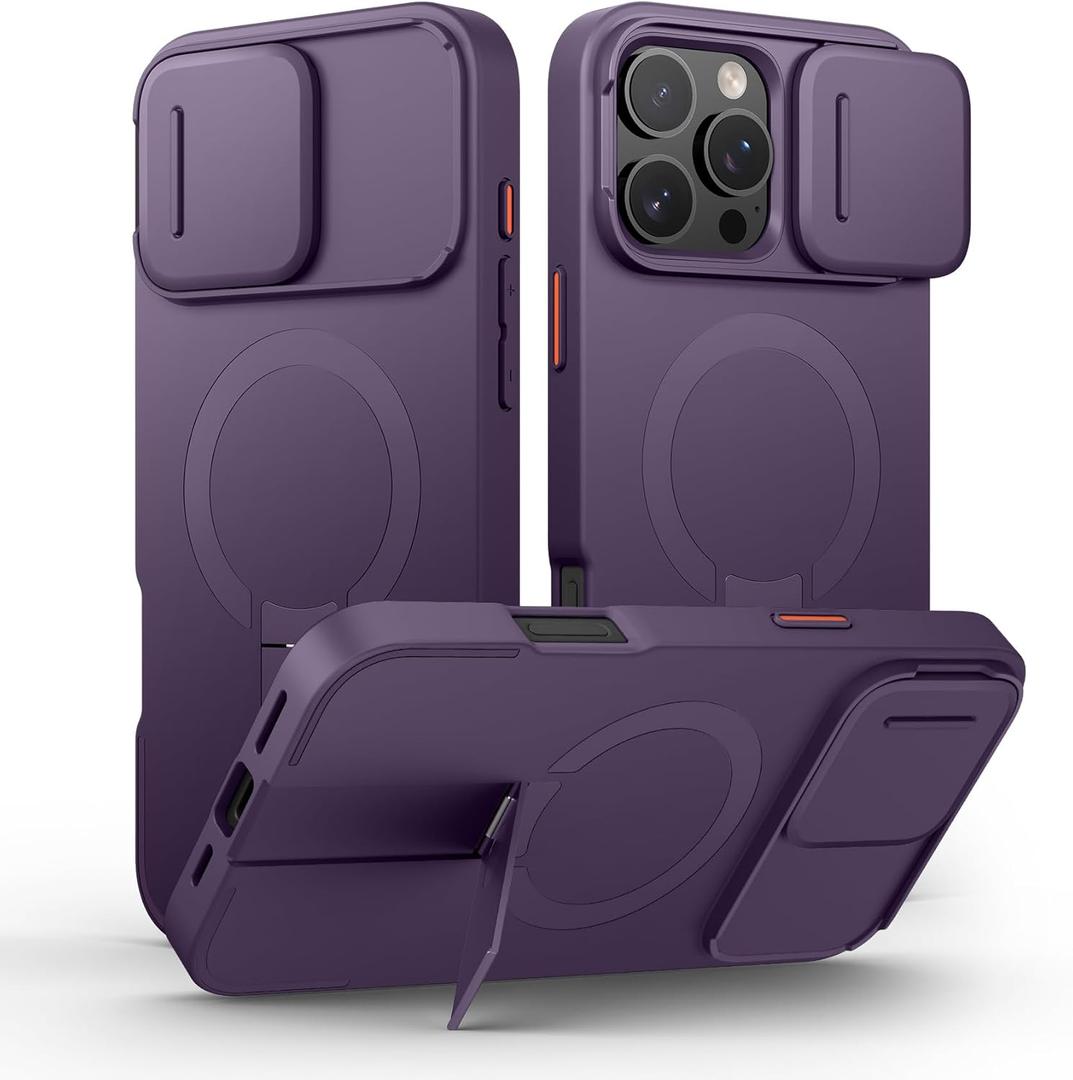 SURITCH for iPhone 16 Pro Max Case with Magnetic Camera Slide Cover and Adjustable Kickstand, Compatible with MagSafe, Shockproof Bumper Case Slim Protective Cover 6.9 Inch, Dark Purple