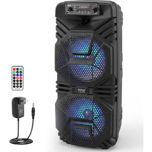Pyle Portable Bluetooth Speaker | 600W System with Dual 8" Woofers Charcoal Rechargeable portable Bluetooth speaker with USB playback, FM radio, party lights, mic/guitar input, and remote control