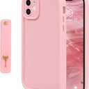 NITITOP Compatible with iPhone 12 Case Cute Simple Design Stylish Enhanced Camera Protection with Wrist Adjustable Hand Strap Kickstand Grip Holder Touch Soft Protective Cover - Pink