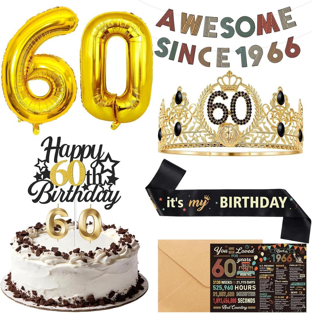 60th Birthday Decorations for Men - Vintage 1966 Birthday Supplies with Banner, Crown, Sash, Cake Topper, Gold 60 Number Balloons, Card with Envelope, 60 Year Old Party Decor Set for Him