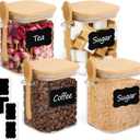 ComSaf 0.8 Qt Glass Jars with Bamboo Lids & Spoons Set of 4, Square Glass Containers with Lids, Sugar Coffee Containers Salt Spice Jars, Pantry Storage Container for Loose Tea, Candy, Brown Sugar, Nut